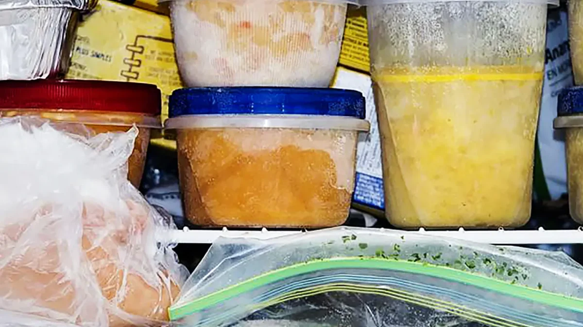 Frozen food containers and bags in a freezer. Preparing for a storm.