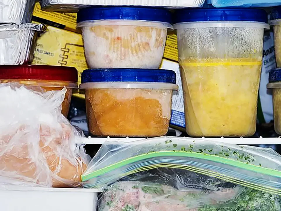 Frozen food containers and bags in a freezer. Preparing for a storm.