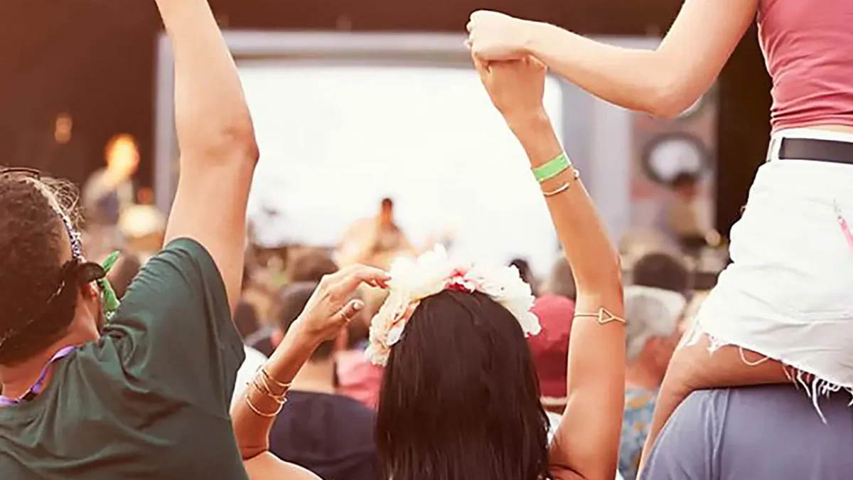 Happy festival-goers enjoying a concert.