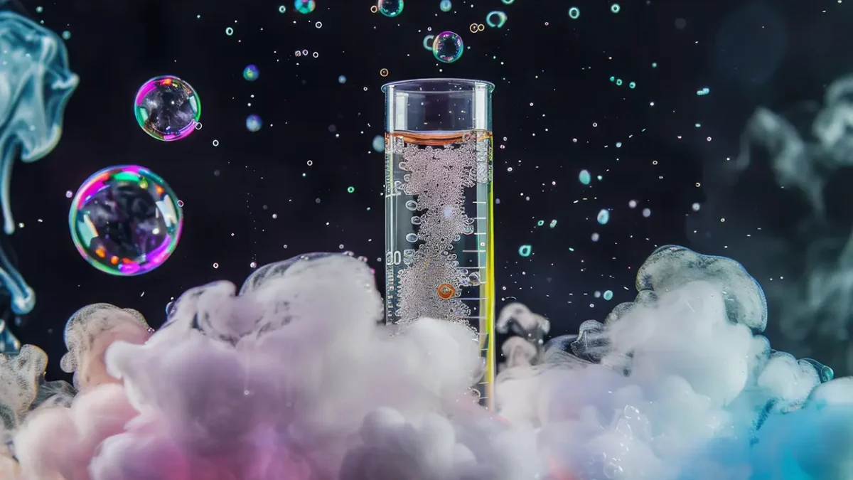 Glass cylinder filled with bubbling liquid, surrounded by colorful smoke and iridescent bubbles.