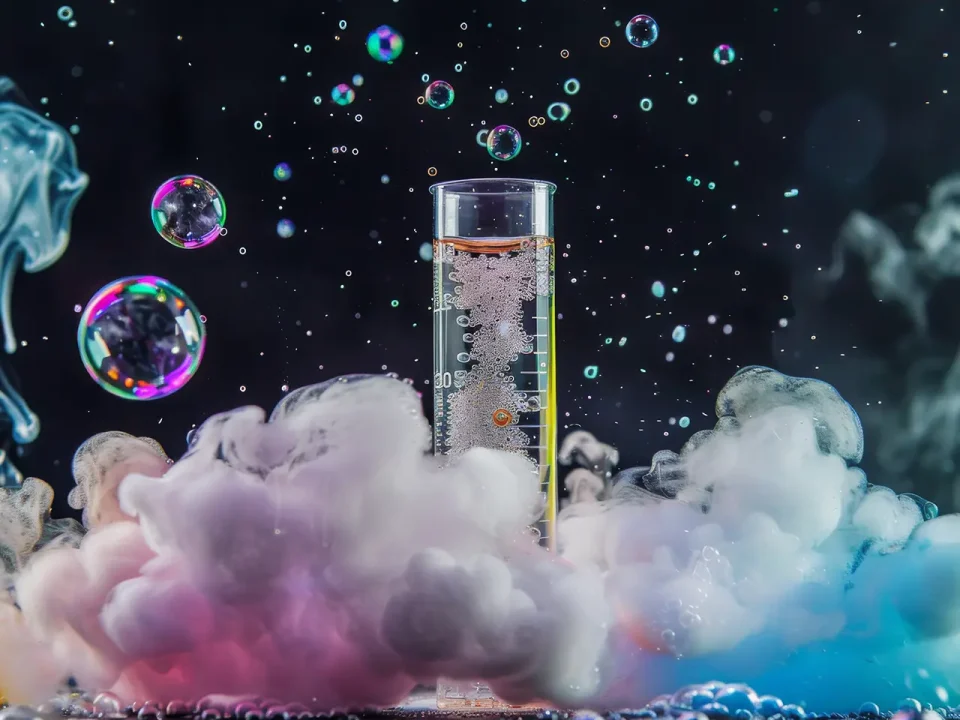Glass cylinder filled with bubbling liquid, surrounded by colorful smoke and iridescent bubbles.