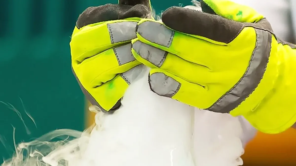 Hands in safety gloves handling dry ice, producing vapor. Dry ice safety.