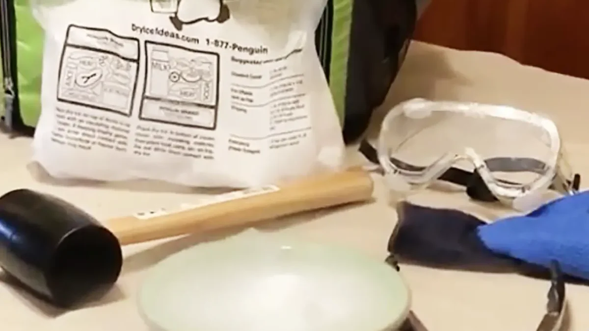 Dry ice safety equipment: goggles, gloves, mallet, and BryIceIdeas dry ice.