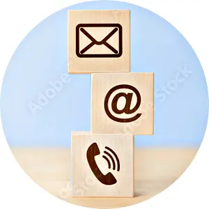 Wooden blocks stacked showing email, "@" symbol, and phone icon; contact us.