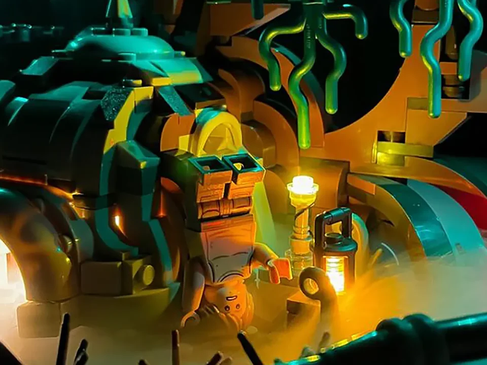 Lego scene with dramatic lighting and dry ice effect.
