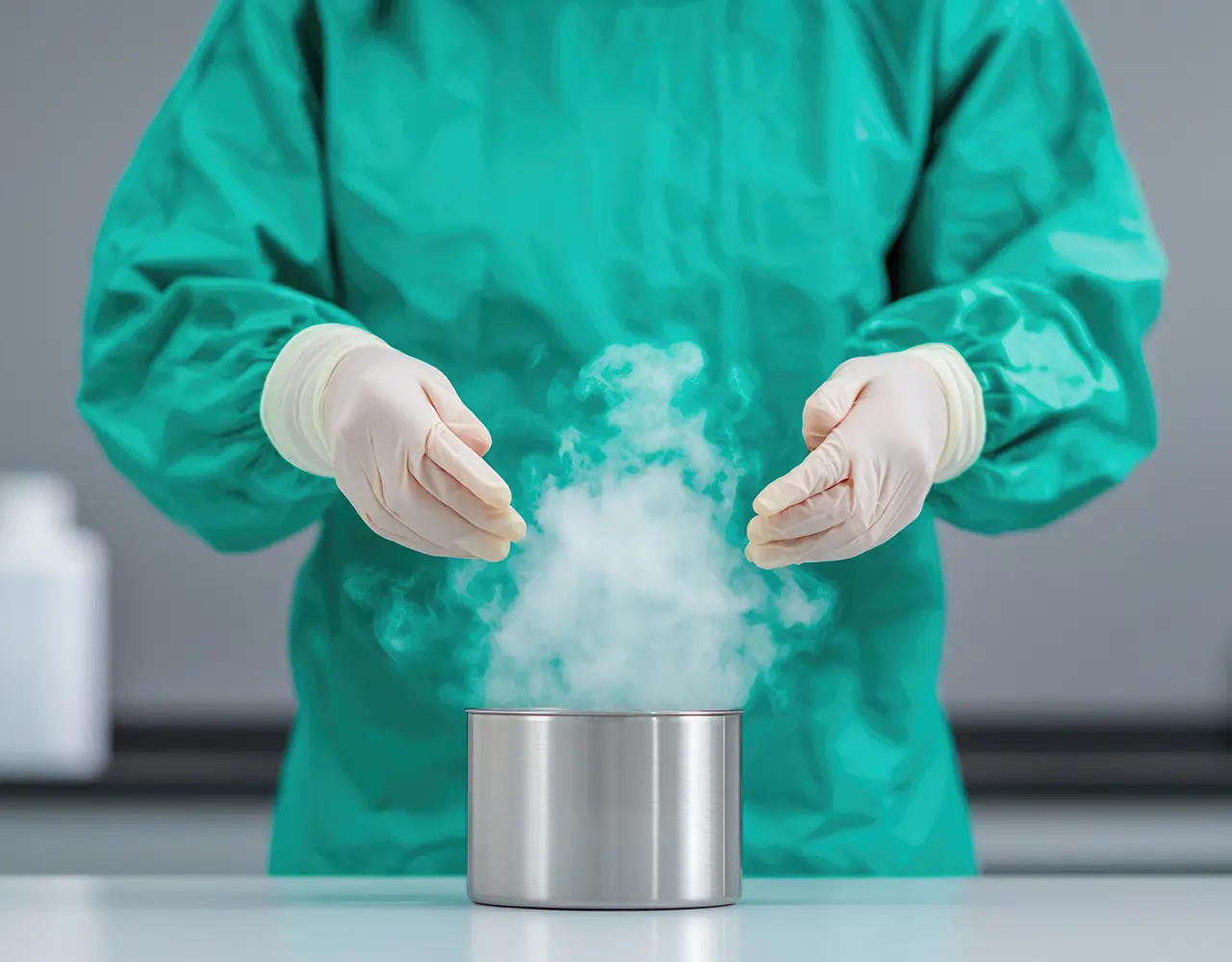 Scientist in protective gear adding dry ice to a metal container, creating a cloud of vapor.