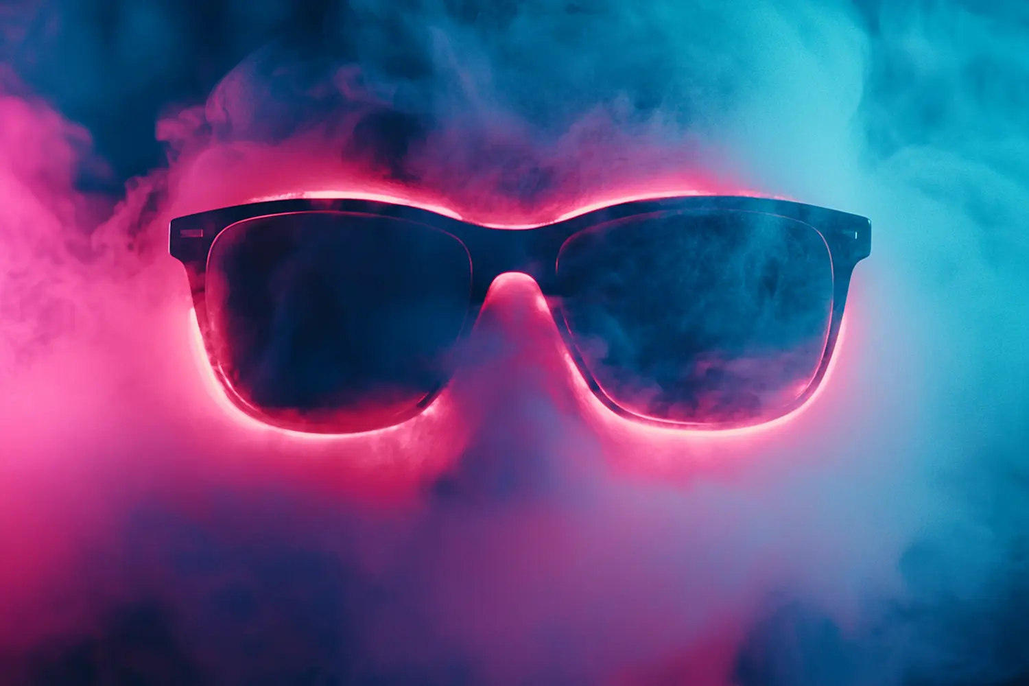 Neon pink sunglasses in blue and pink smoke