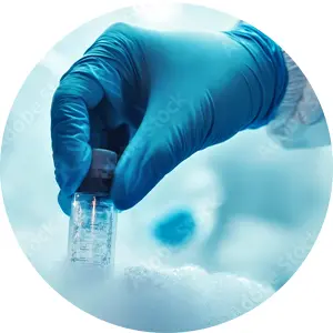 Gloved hand removes vial from cryogenic storage.