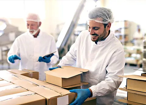 Two workers in a food processing facility package products in cardboard boxes, maintaining hygiene with gloves and hairnets.