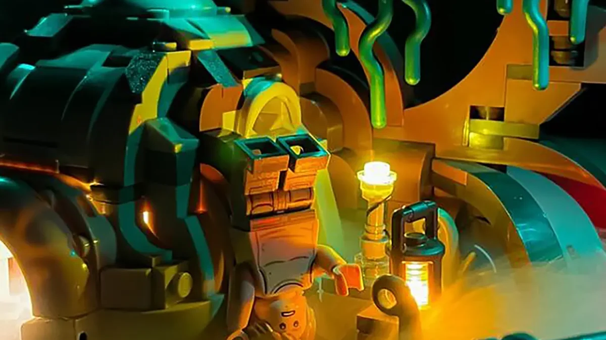 Lego scene with dramatic lighting and dry ice effect.