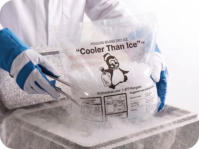 erson handling bag of dry ice with gloves
