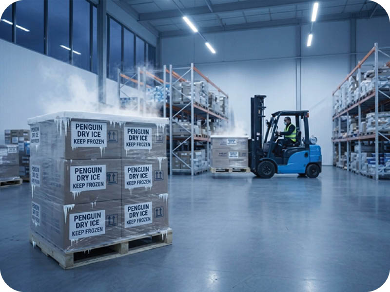 A skid of frozen dry ice packages in a cold warehouse