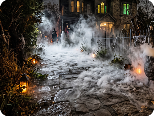 Spooky fog covering a dark walkway leading up to a haunted house