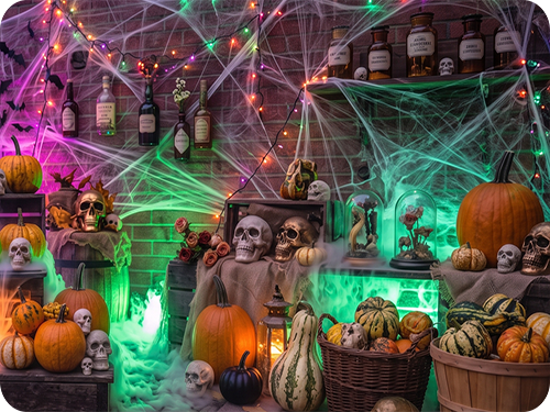 Halloween decorations on display with fog and LED lights